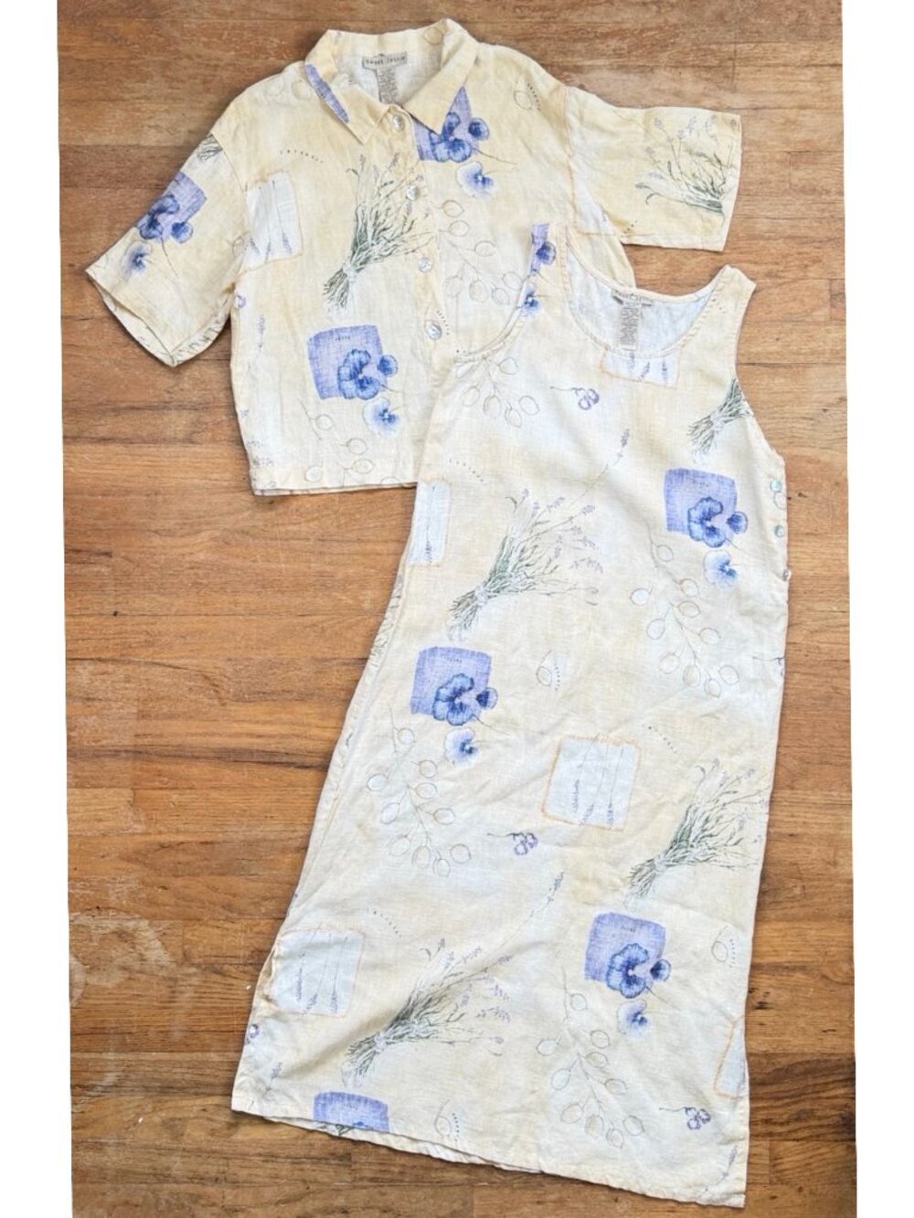 Vintage Pansy/Lavender Floral Print Linen Dress Top Set Size Medium 90s Yellow
